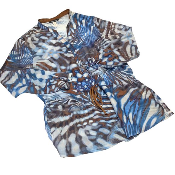 BIANCA of Germany Blue Tropical Print Silk Blend Waist Drawstring Tunic - Picture 11 of 11